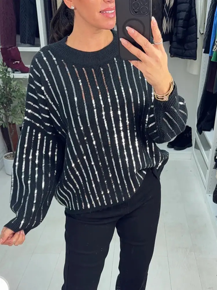 Women Round Neck Vertical Striped Sequined Casual Knit Top