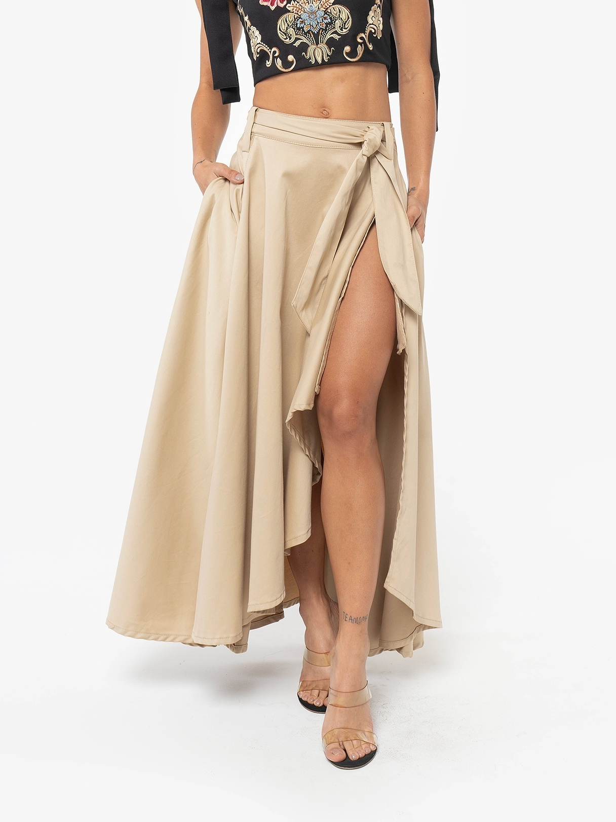 Street Muse Skirt-Women's High Slit Maxi Skirt with Tie Belt