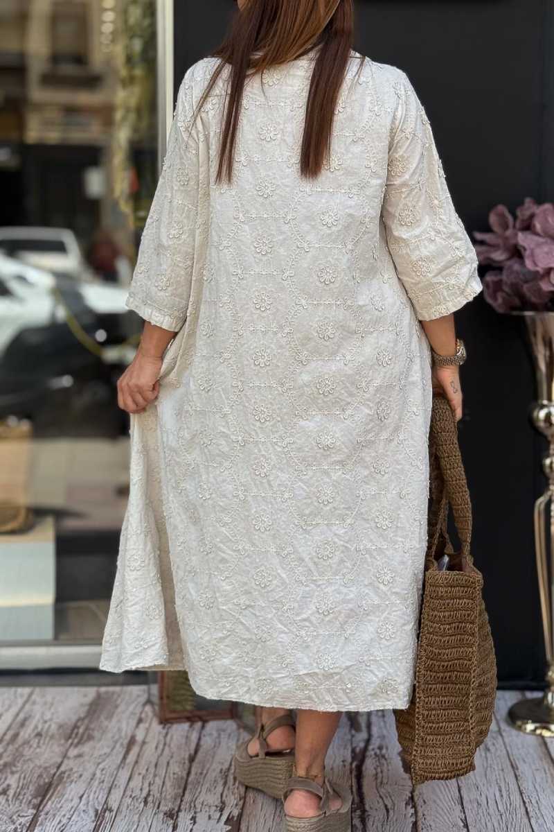 Embossed Floral Detailed Full Length Cotton Shirt Dress