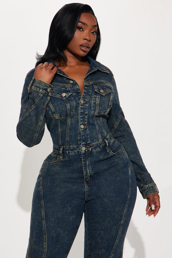 Long Sleeve Button-Down Denim Jumpsuit