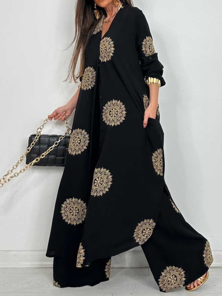 Embroidered Shirt Midi Top And Wide-Leg Pants Set