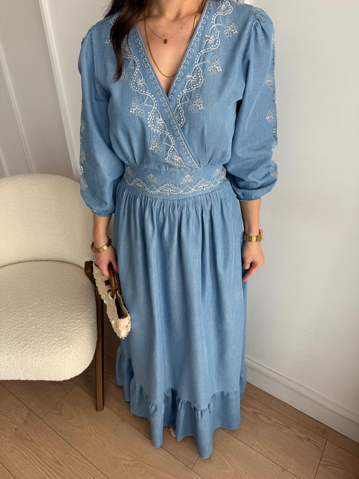 Blue Double Breasted Sequined Dress with Elastic Back