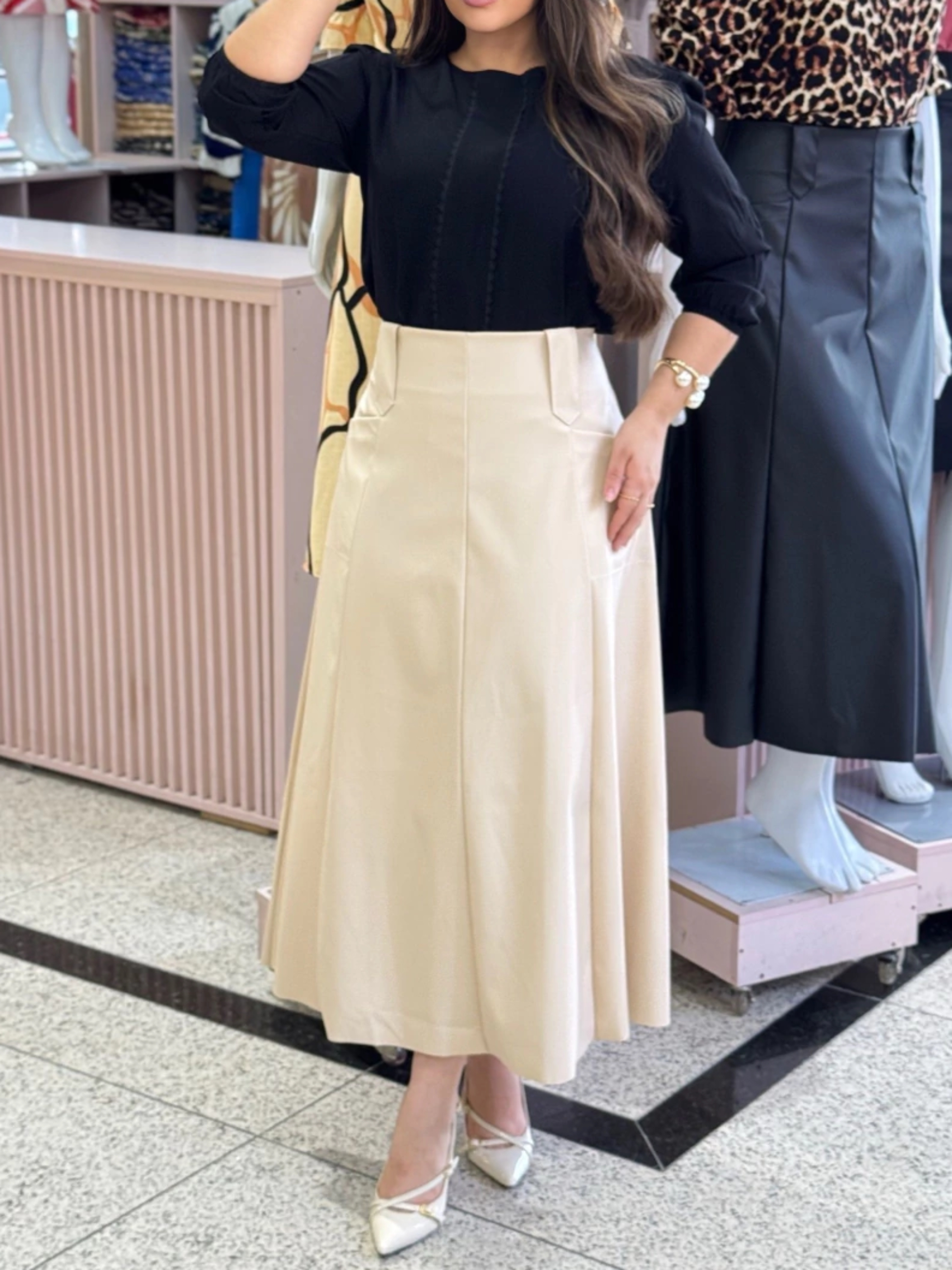 Faux Leather A-Line Midi Skirt And Lace Shirt Set