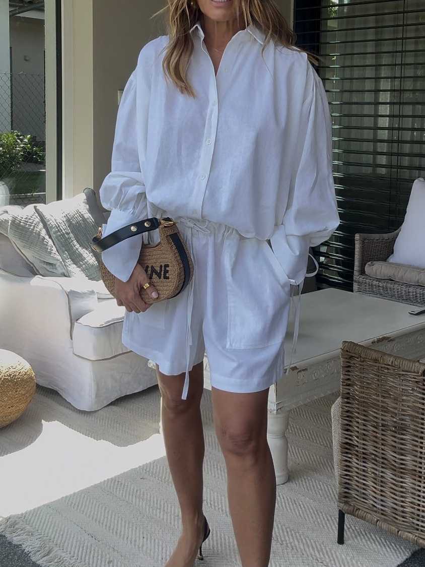 Elegant Loose White Shirt Drawstring Belt Shorts Set