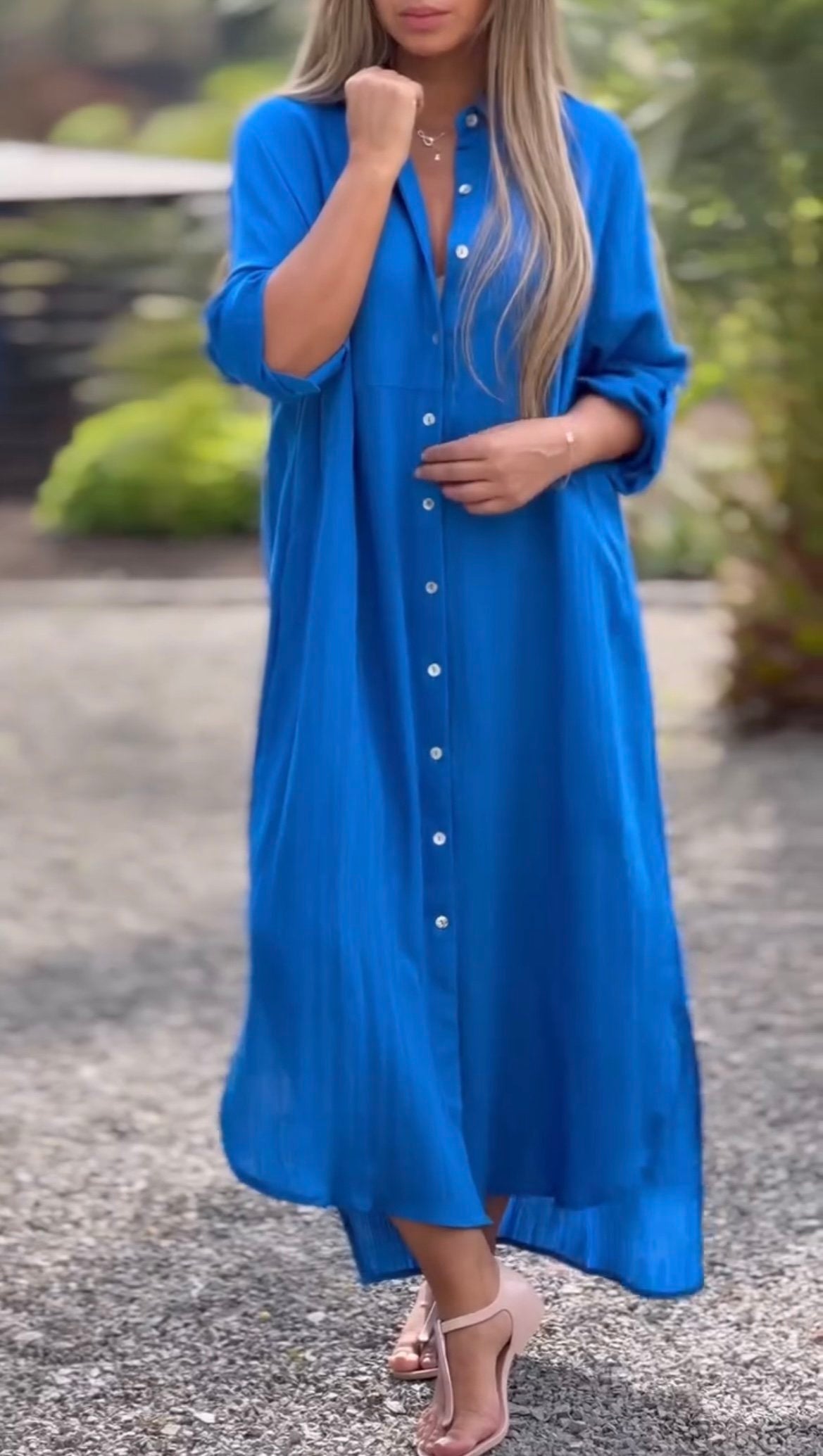 Women's Casual Solid Color Button Linen Shirt Dress