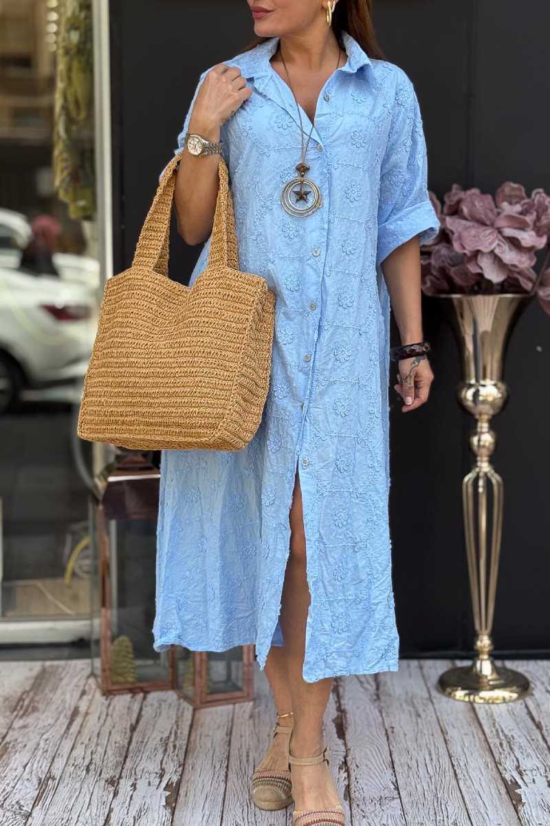 Embossed Floral Detailed Full Length Cotton Shirt Dress