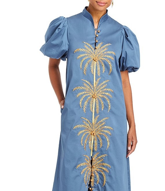 Poplin Palm Leaf Embroidery Mandarin Collar Short Puff Sleeve Midi Dress