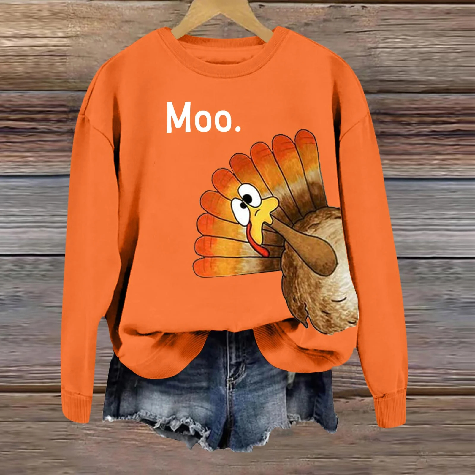  Womens Crweneck Sweatshirts Thanksgiving Funny Moo Turkey Print Pullover 