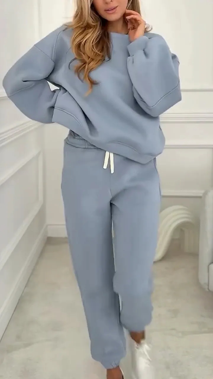 Women Round Neck Top + Pants Casual Suit