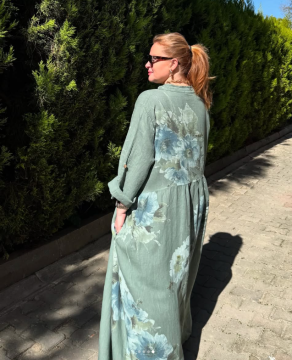 Floral Button Long Sleeve Linen Dress
