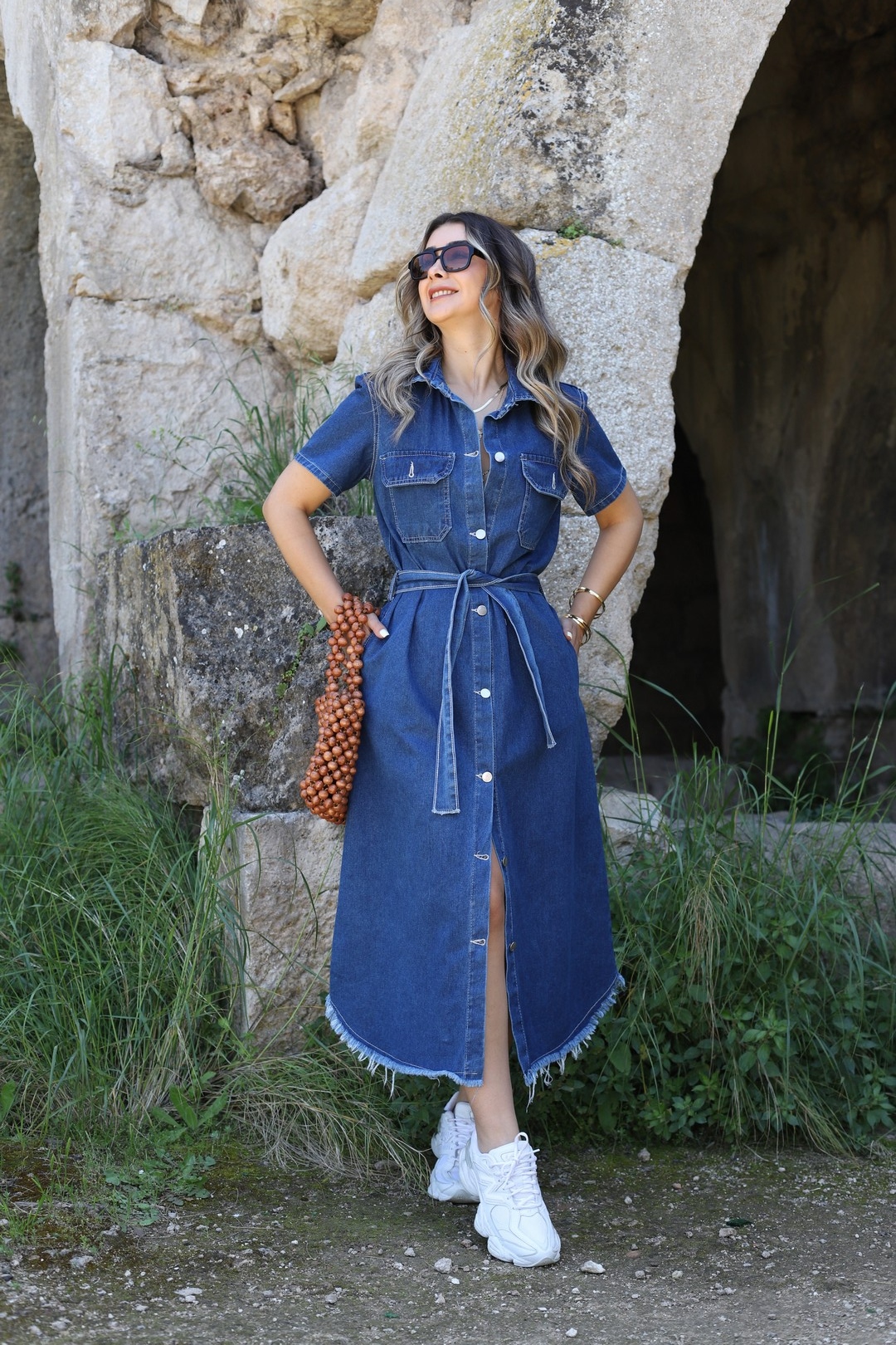 Women Short Sleeve Belted Button Down Denim Shirt Dress