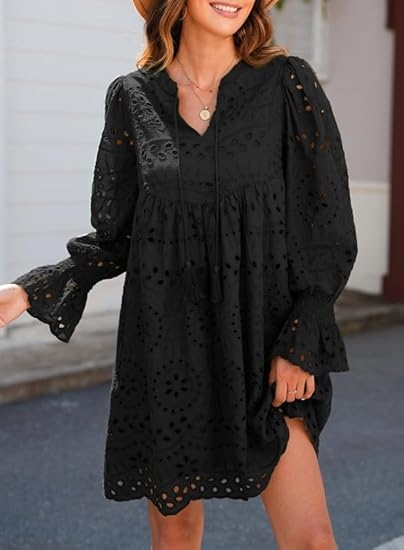 Tassel V Neck Long Sleeve A Line Hollow Out Lace Ruffle Dresses