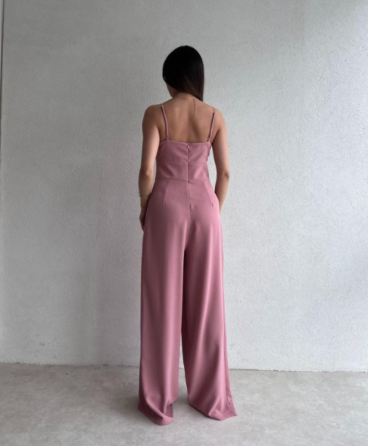 Elegant solid color suspender backless wide-leg jumpsuit