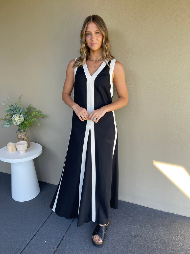  V neckline Beige trim panels Maxi Dress