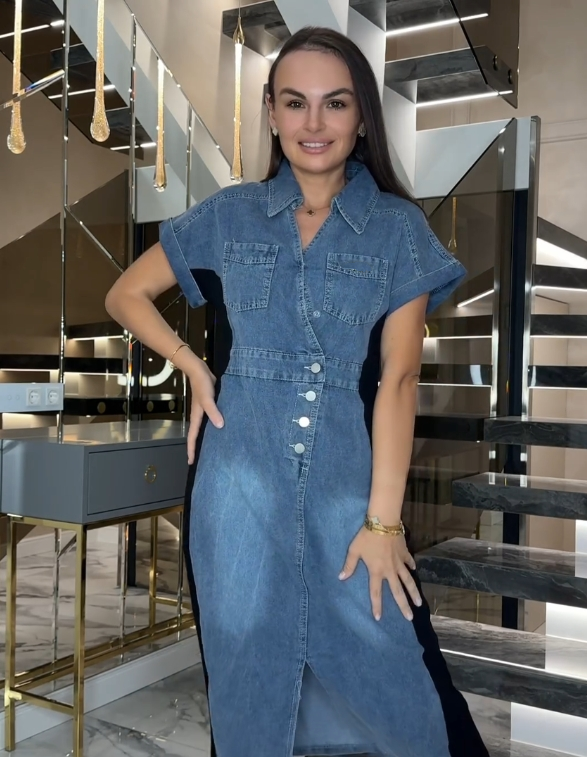 Contrast Color Waist Button-Decorated Denim Dress