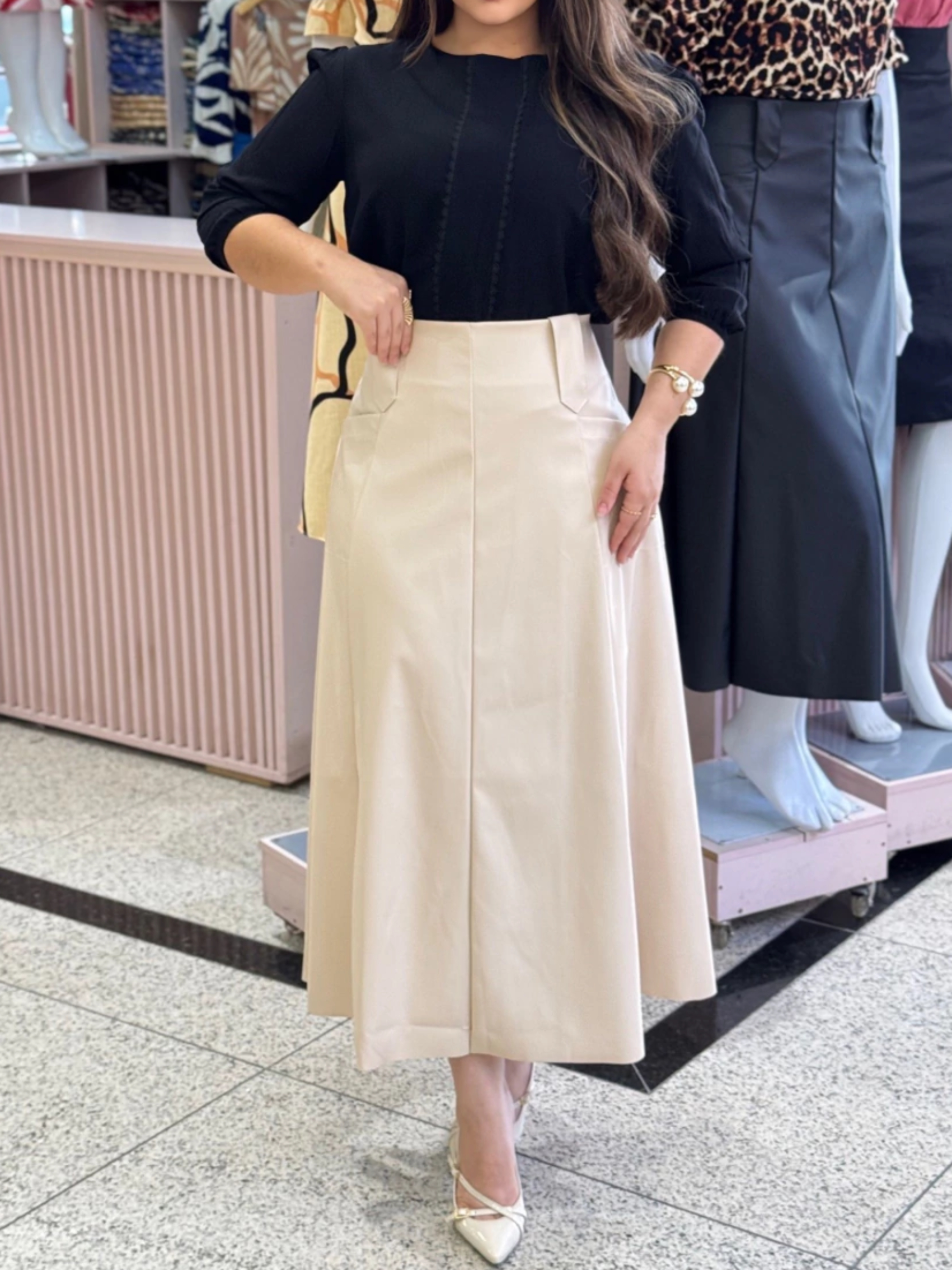 Faux Leather A-Line Midi Skirt And Lace Shirt Set