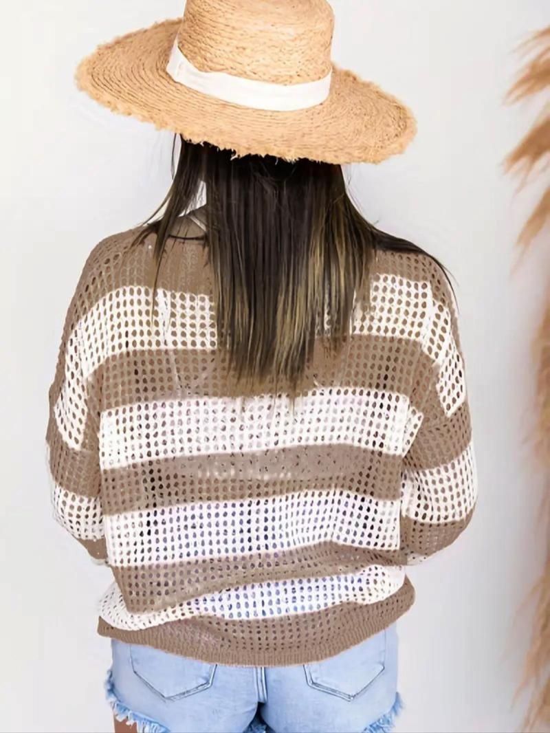 Striped Print Hollow Drop Shoulder Long Sleeve Boat Neck Jumper