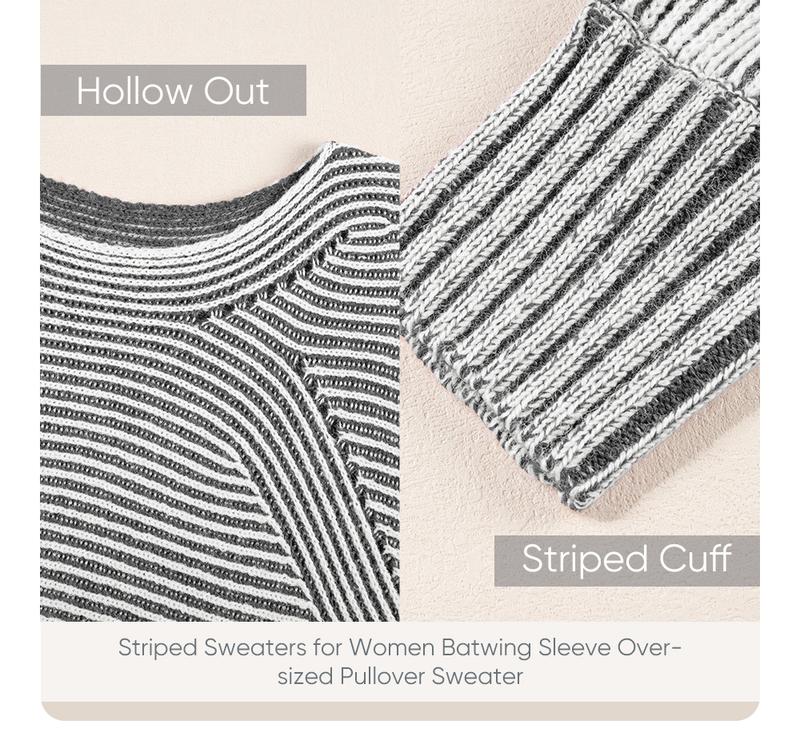 EVALESS Sweaters for Women Oversized Crewneck Batwing Sleeve Knitwear Casual Ribbed Two Tone Striped Thick Pullover Sweater 2025 Fashion Womenswear Fall Winter Outfits Tops