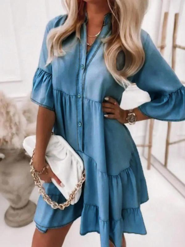 Denim-effect Print Ruffle Trim V Neck Dress