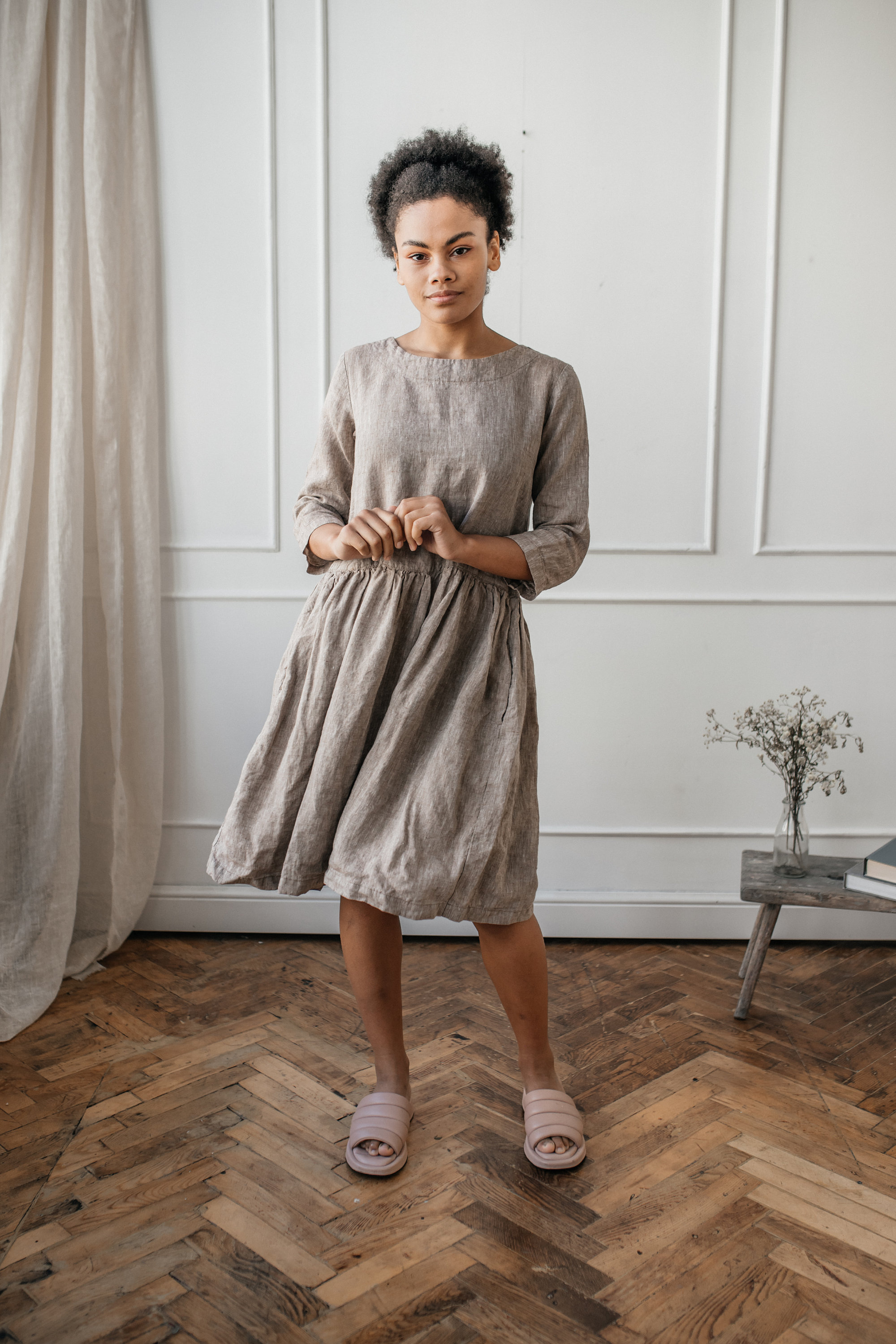 Linen circle dress with pockets - knee length skater dress - linen dress 3/4 sleeves and crew neckline