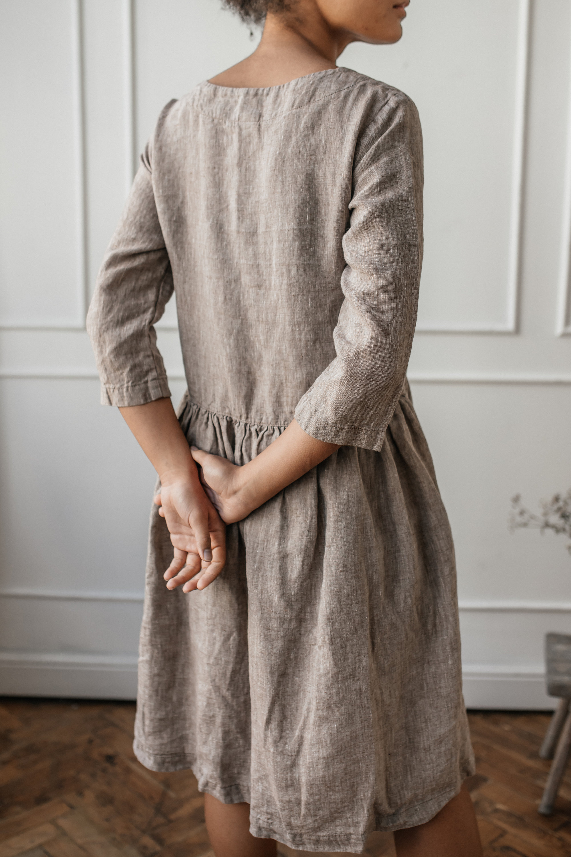 Linen circle dress with pockets - knee length skater dress - linen dress 3/4 sleeves and crew neckline