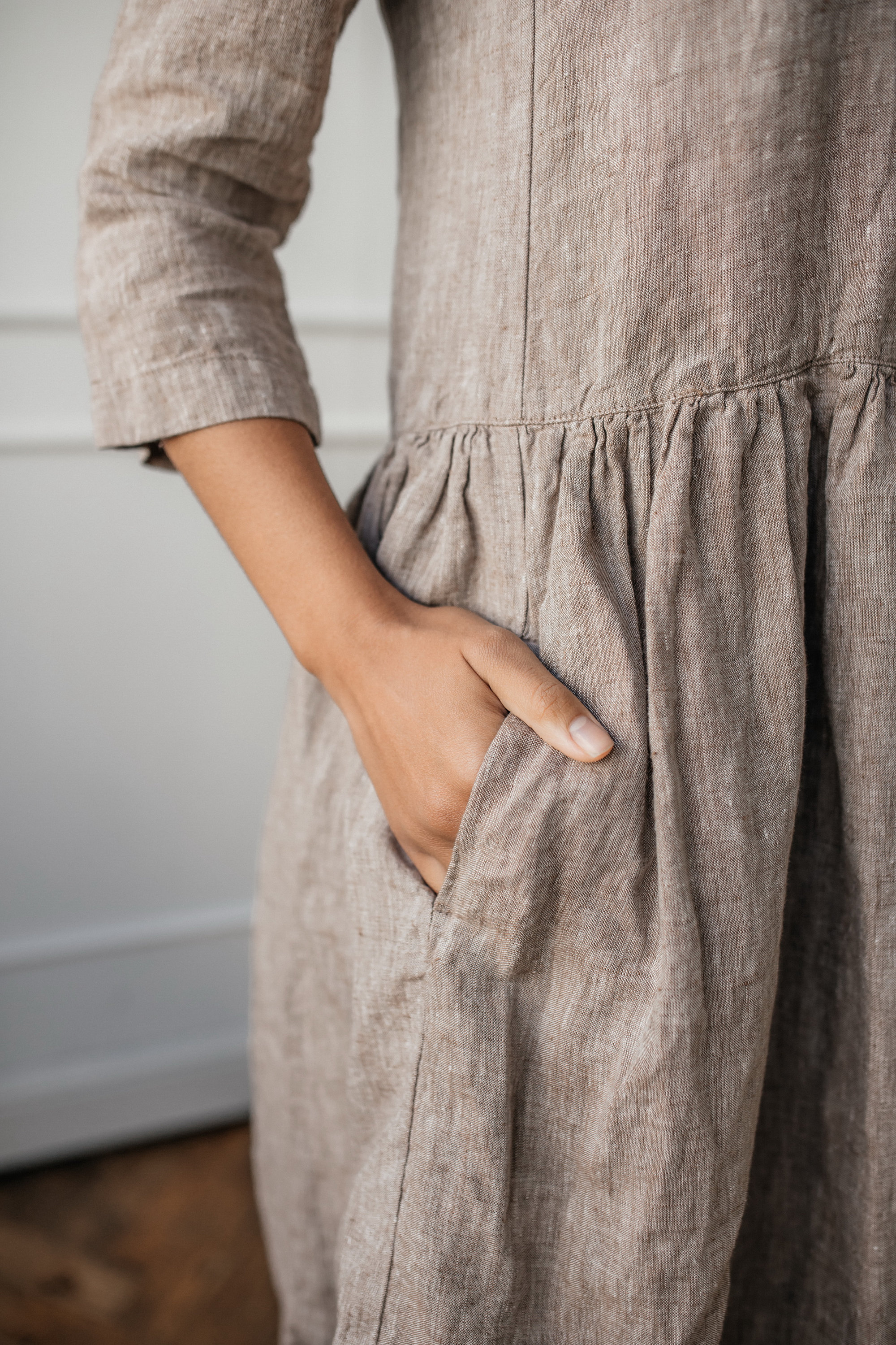 Linen circle dress with pockets - knee length skater dress - linen dress 3/4 sleeves and crew neckline