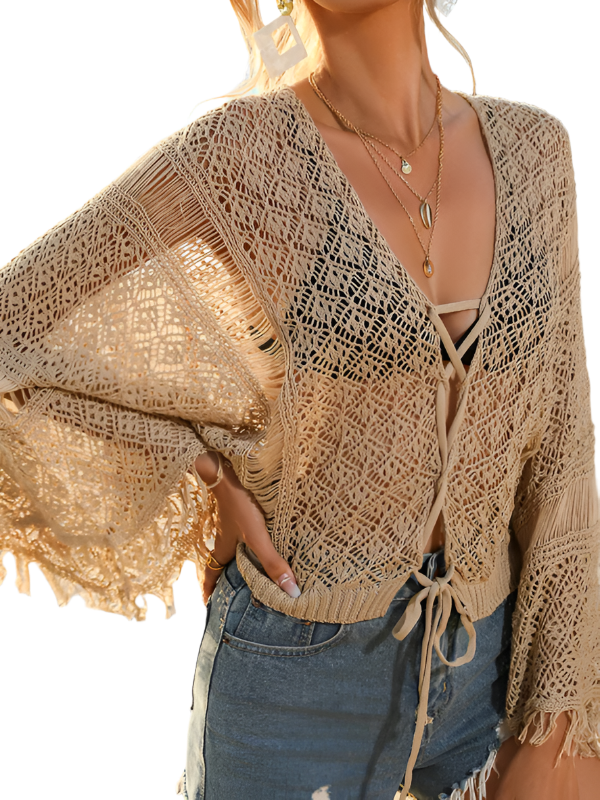 Crochet Lace Up Front Cropped Floaty Arm Tassel Edge Jumper