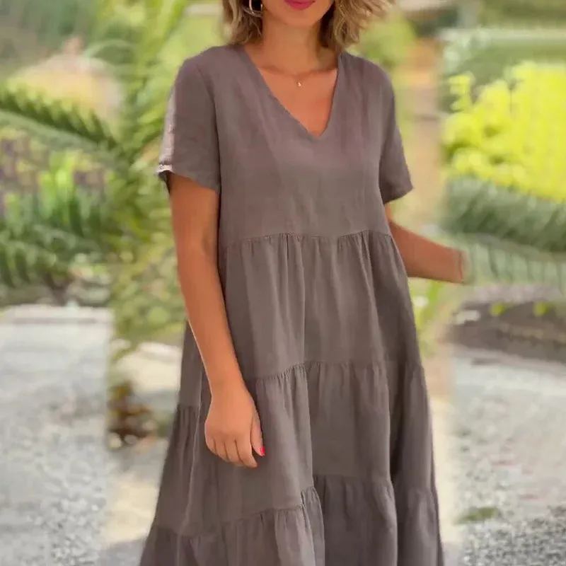 Cotton linen v-neck solid color dress