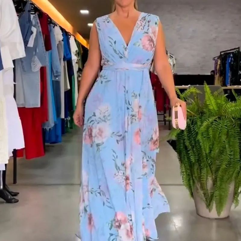 Floral Print V-Neck Elegant Sleeveless Dress