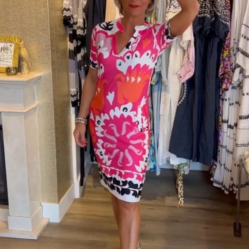 Short-Sleeve Printed V-Neck Dress