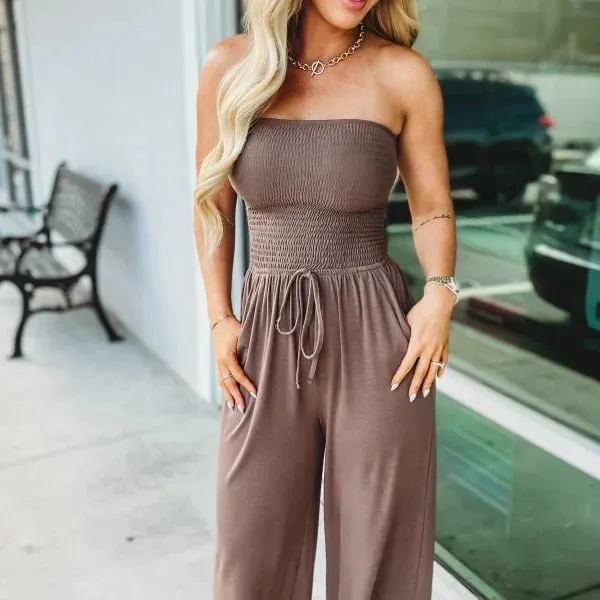 💖Off Shoulder Solid Colour Smocked Jumpsuit