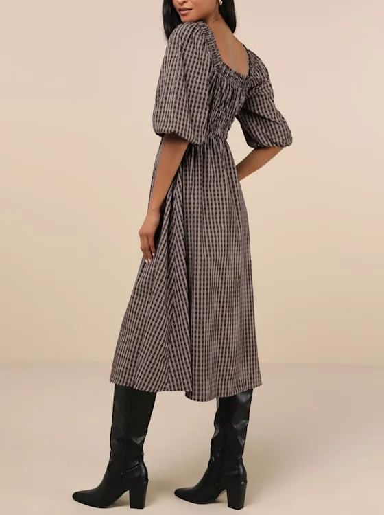 Essence of Adorable Brown Plaid Midi Dress