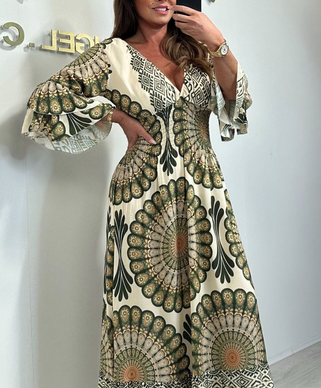 Printed V-neck Ruffle Waist Bell Sleeve Dress