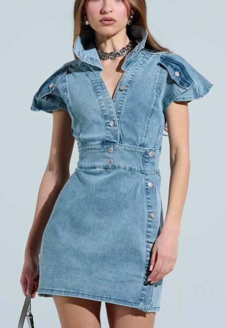 Pocketed Button Up Long Sleeve Denim Dress main image 1