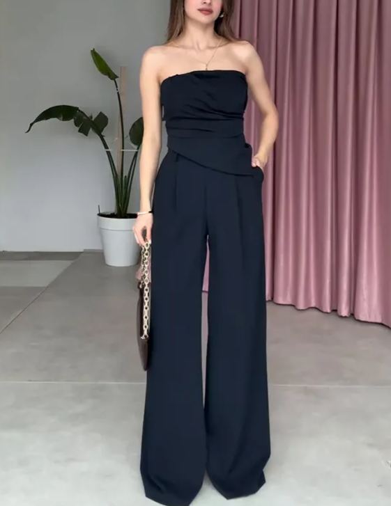 Sleeveless Tube Top Pocket Straight Pants Set