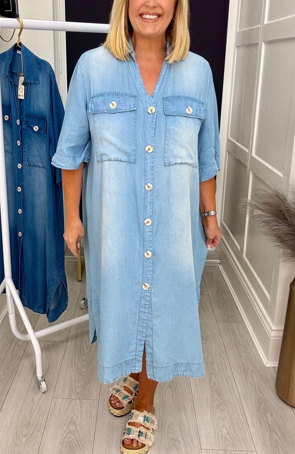 Denim Button Front Loose Fit Maxi Shirt Dress