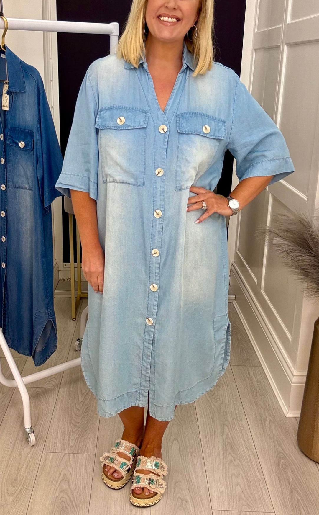 Denim Button Front Loose Fit Maxi Shirt Dress