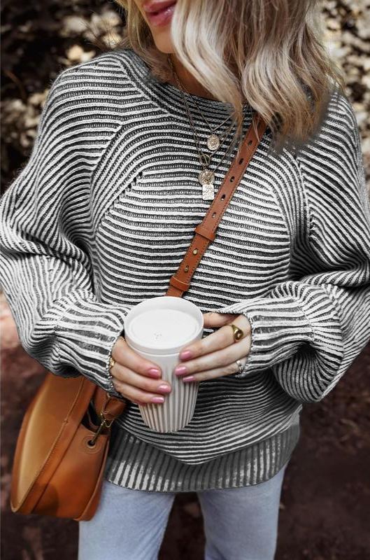 Women Batwing Sleeve Knitwear Ribbed Striped Thick Pullover Sweater