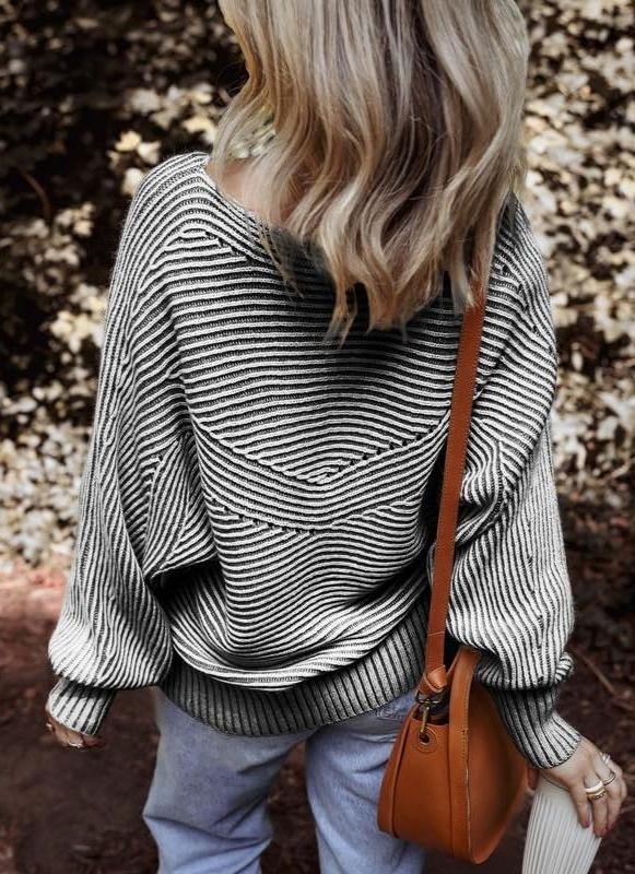 Women Batwing Sleeve Knitwear Ribbed Striped Thick Pullover Sweater
