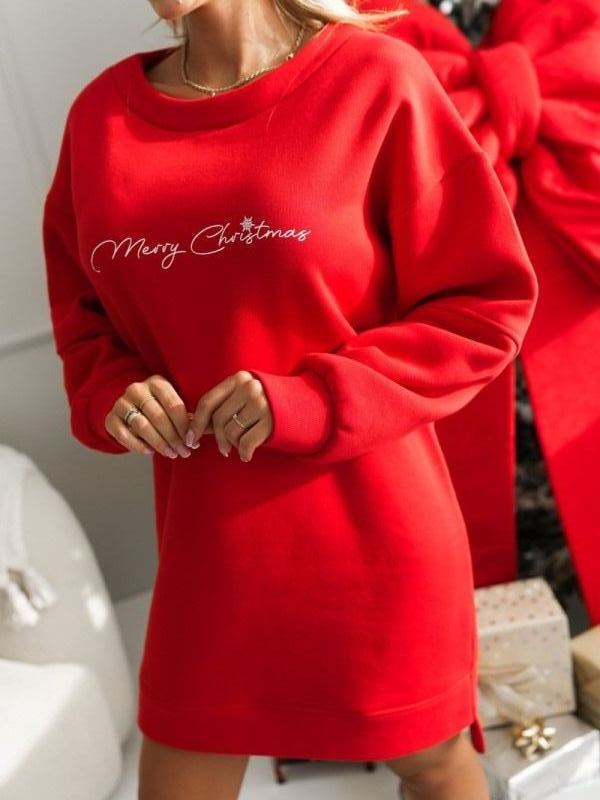 Women Round Neck Printed Letter Casual Dress