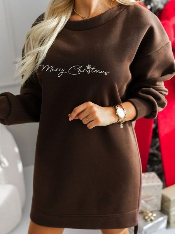 Women Round Neck Printed Letter Casual Dress
