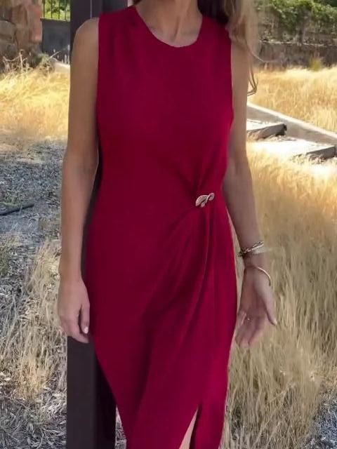 Metal Detail Shirred Waist Sleeveless Spilt Dress