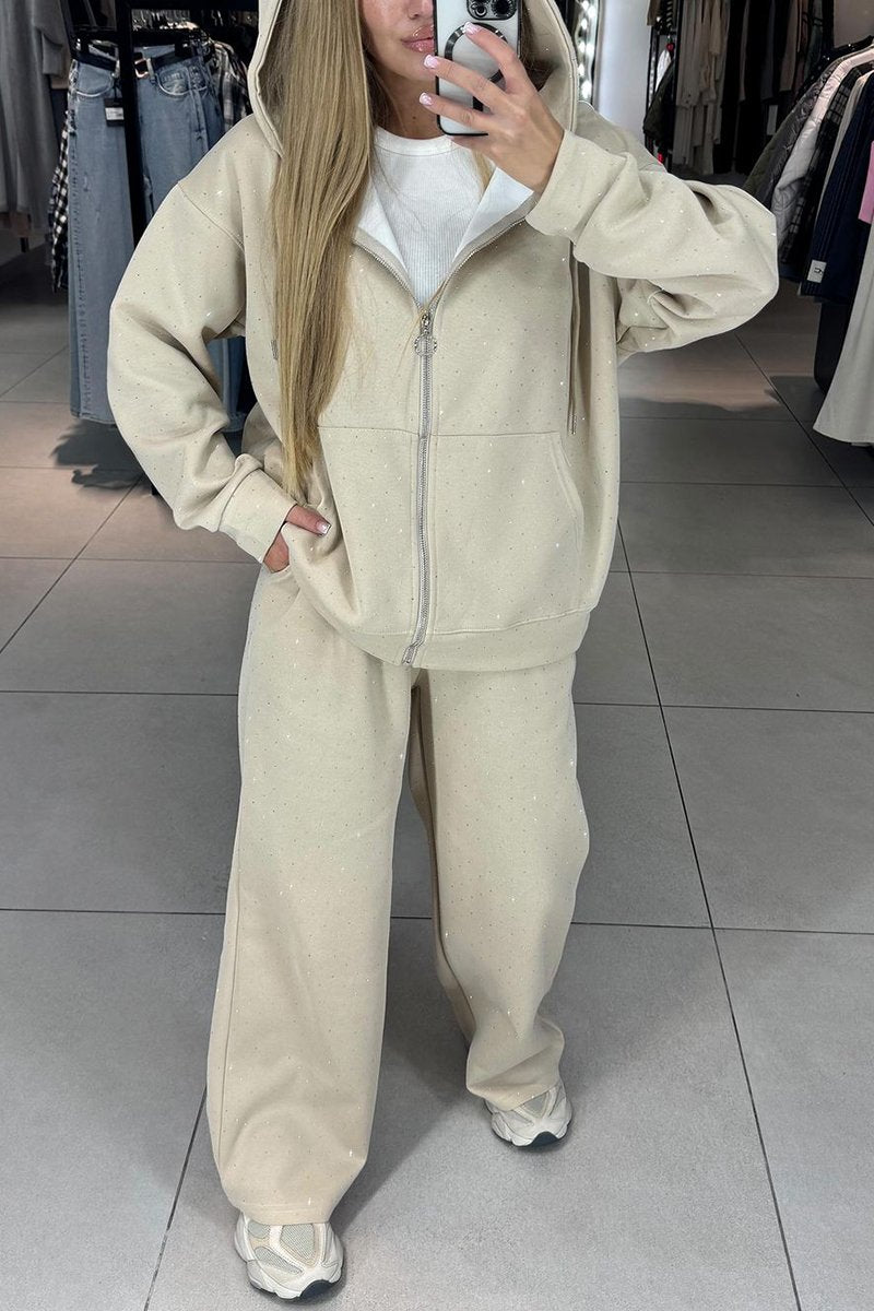 Women's Casual Hooded Rhinestone Two-piece Suit
