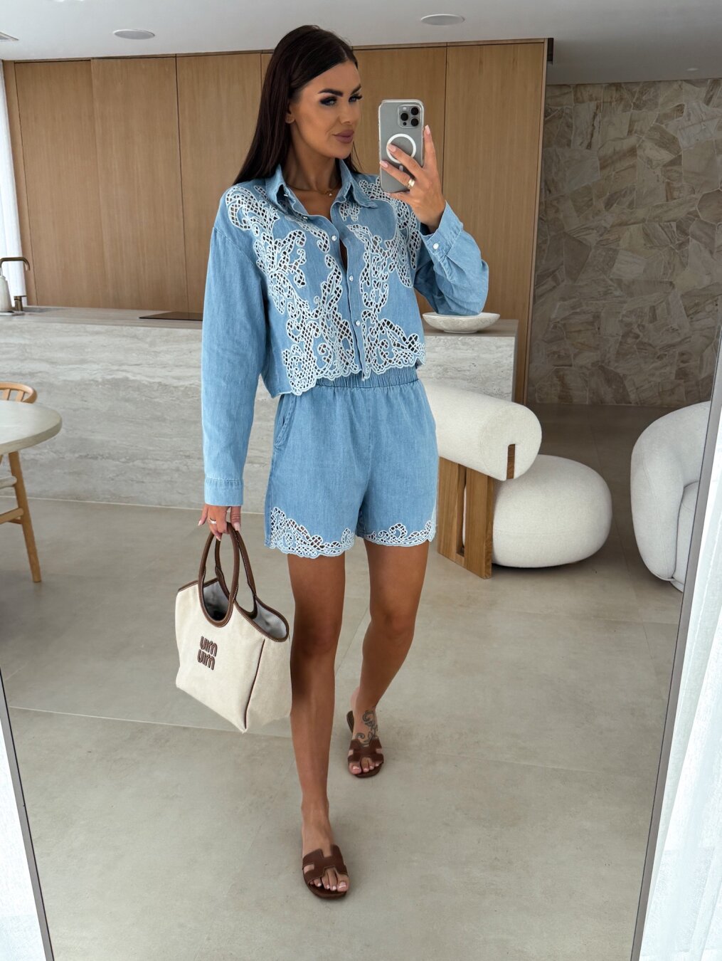 Denim Laser Cut Detail Collared Shorts Co-ord