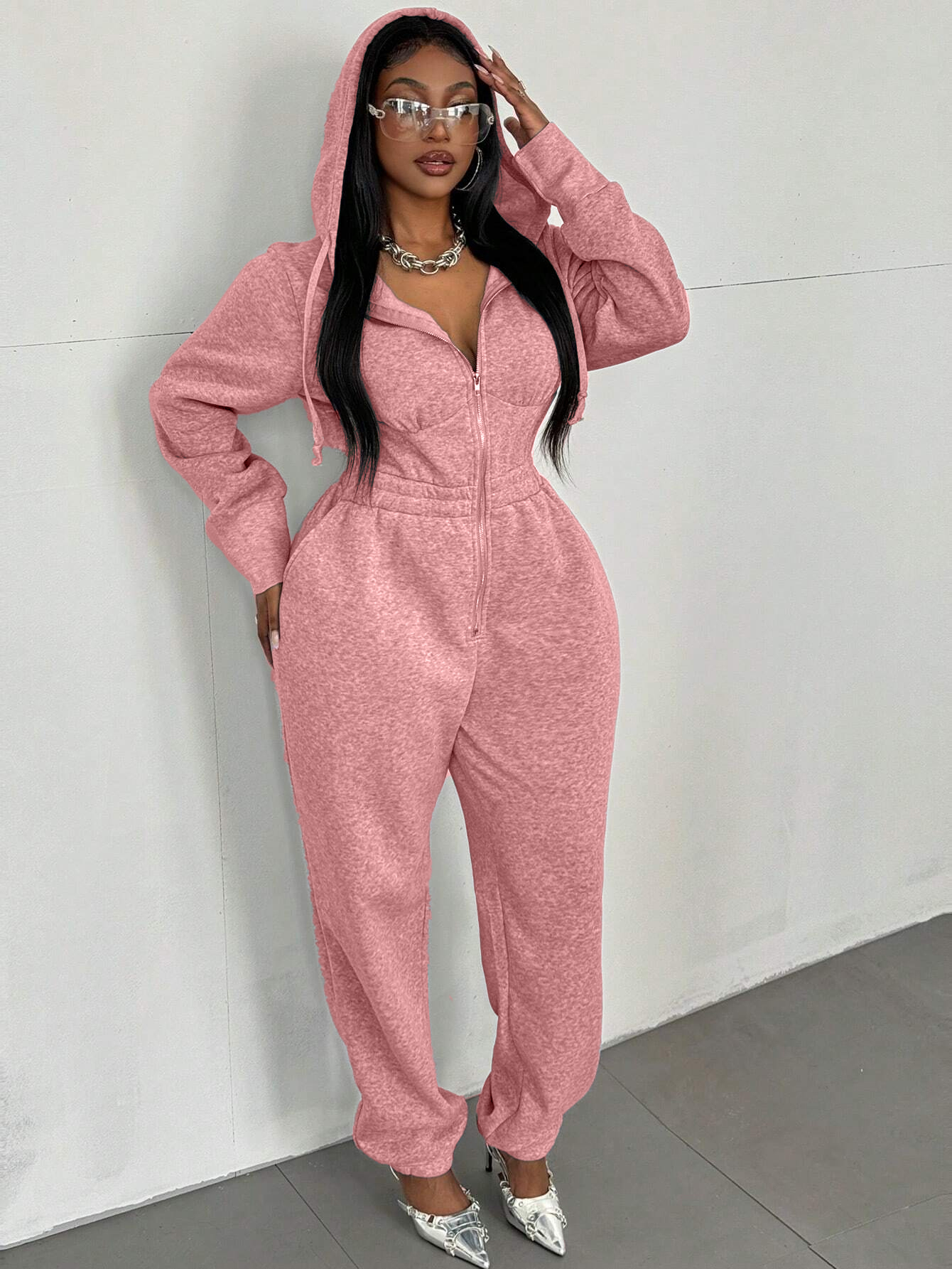 Solid Color Drawstring Hooded Jumpsuit