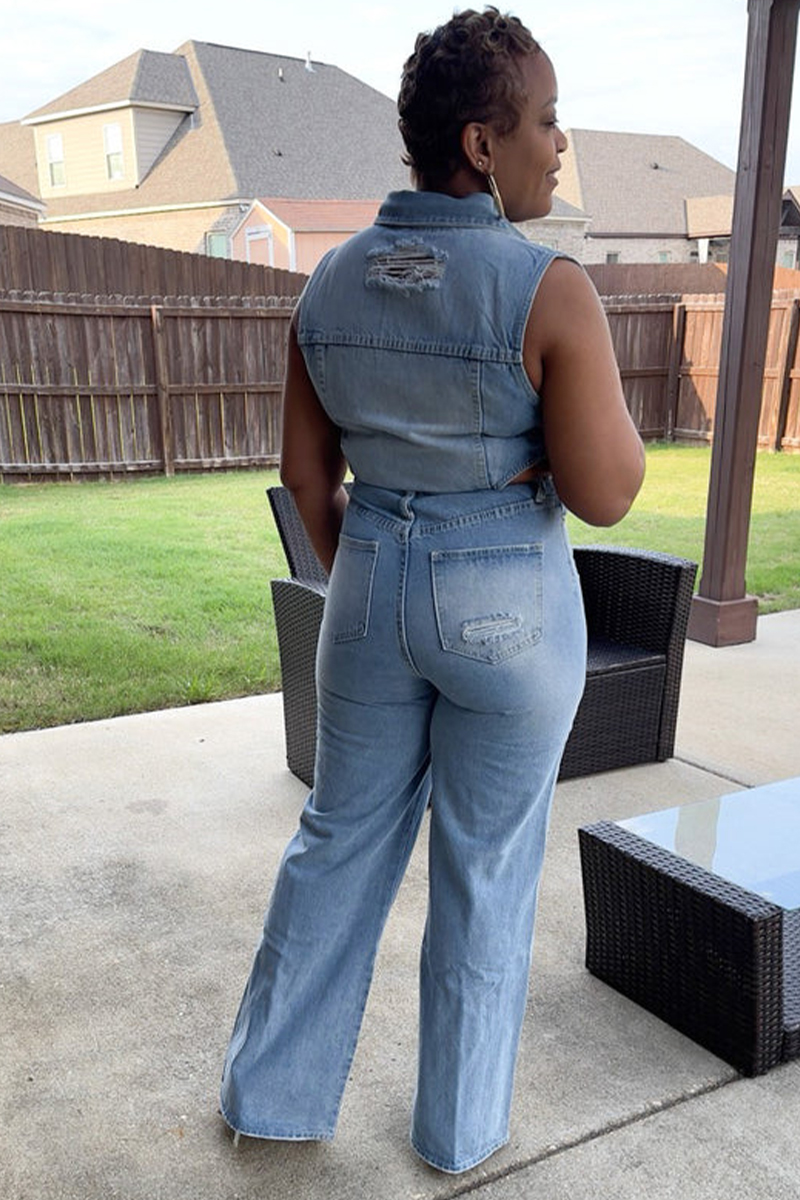 Denim Turndown Collar Sleeveless Button Cutout Wide Leg Jumpsuit
