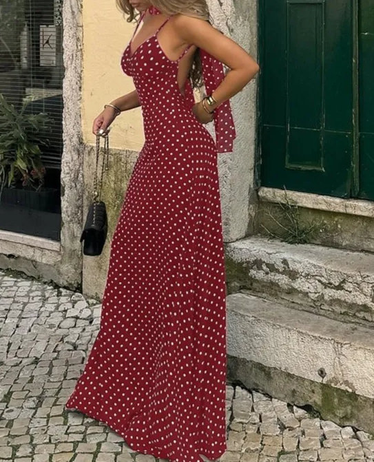 Spaghetti Strap Polka Dot Open Back A-Line Maxi Dress + Scarf