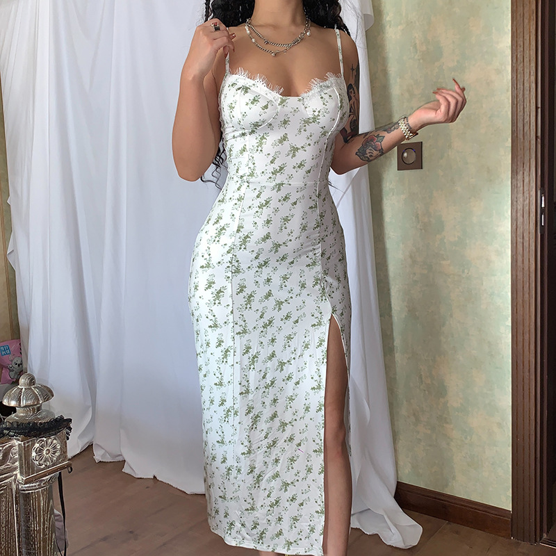 Floral Slip Dress Sexy High Slit Summer Beach Dress 