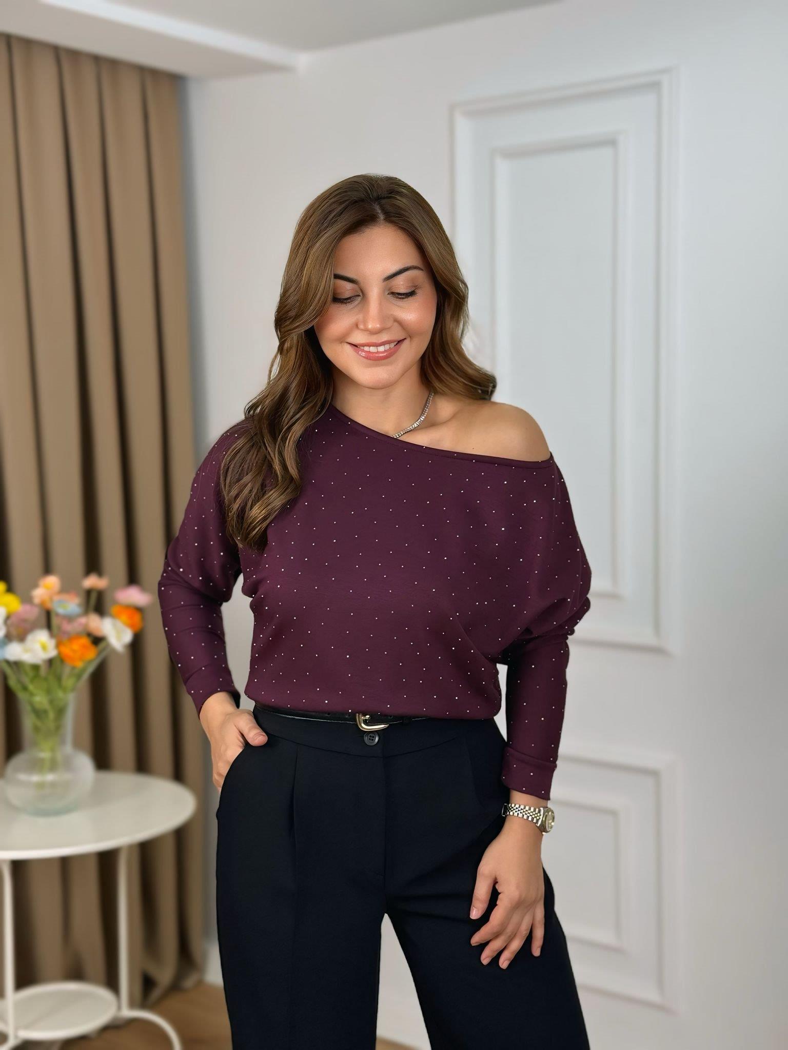 Boat Neck Blouse with Rhinestones