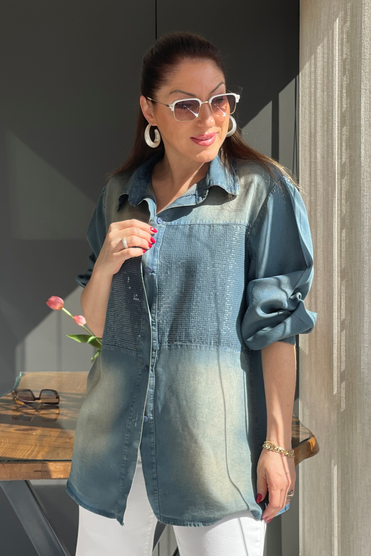 Women Collar Sequined Patchwork Tencel Denim Shirt